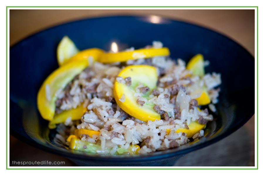 beef, rice & yellow squash skillet dish